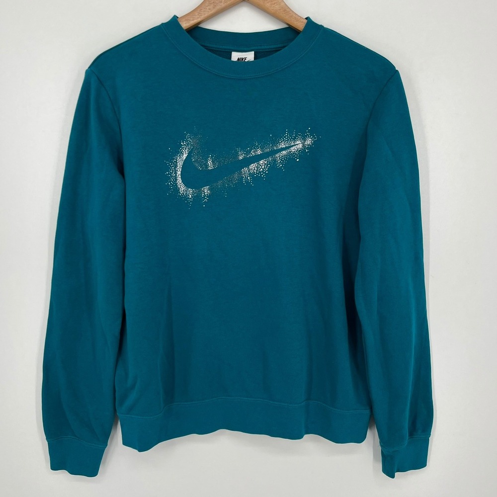 Nike Womens Teal Splatter Graphic Swoosh Crewneck Sweatshirt DQ6774-367 Medium